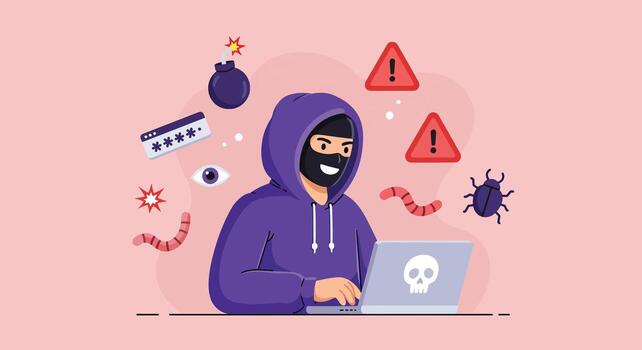 Anonymous hacker in a hoodie committing cybercrime vector