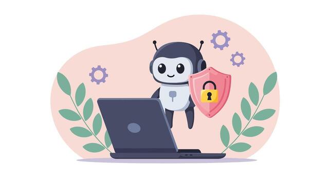 Cute AI robot character with security shield and laptop. vector