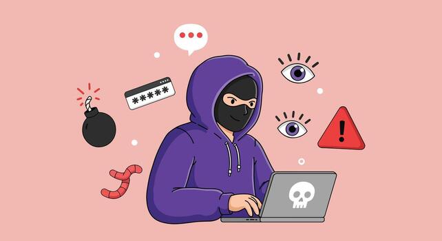 Cyber security threat concept with an anonymous hooded hacker using a laptop for cybercrime. vector