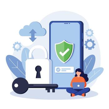 Cybersecurity concept with secure mobile data protection and cloud access. vector