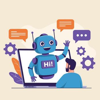 Friendly AI Chatbot Assisting a User on a Laptop. vector