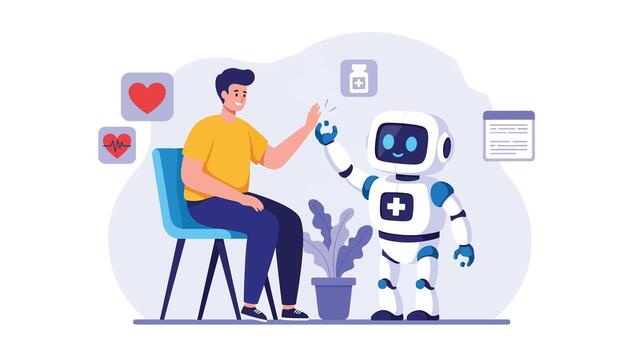 Man and Robot High Five in Medical Setting. vector