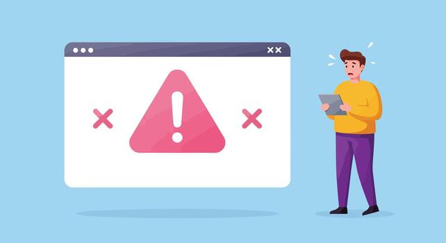 Stressed user facing a browser alert notification. vector