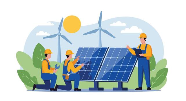 Team of workers installing solar panels and wind turbines. vector