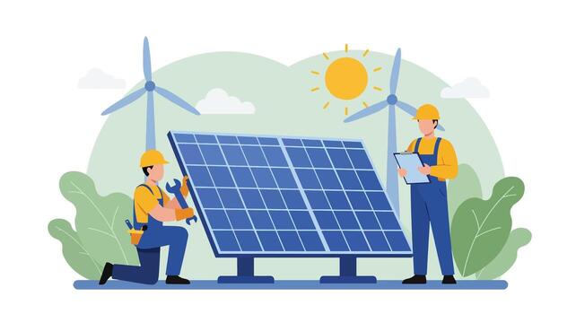 Workers Installing a Solar Panel System for Renewable Energy. vector