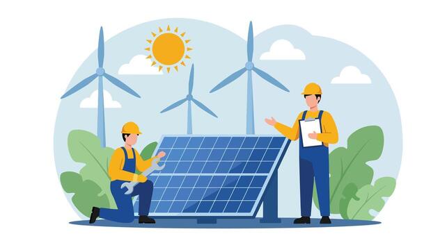 Workers installing solar panel with wind turbines in background. vector