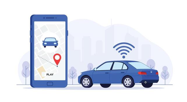 azul sedán conectado a teléfono inteligente navegación aplicación con Wifi señal. vector