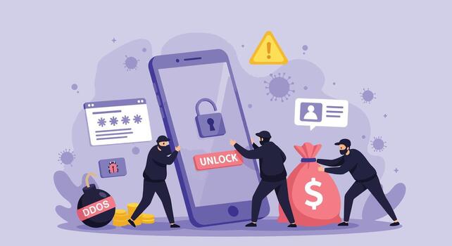 Cybercriminals Attempting to Unlock a Smartphone with Sensitive Data and Money. vector