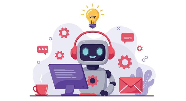 Friendly robot with headphones and computer symbolizing AI and customer service. vector