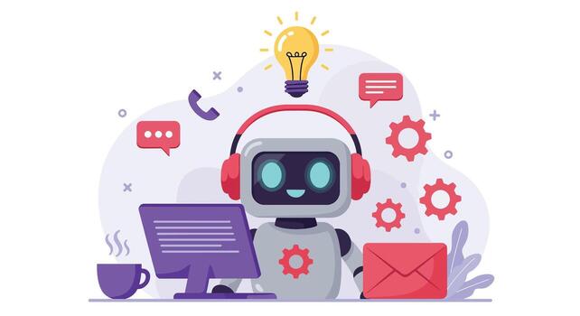 simpático robot asistente con auriculares y computadora. vector