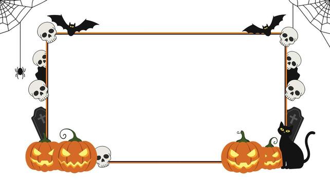 Halloween Rectangular Frame with Pumpkins Skulls Bats and Cat. vector