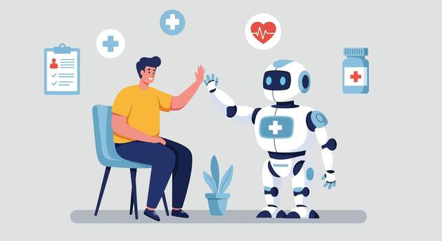 Human and Robot Collaborating in a Medical Setting with Healthcare Icons. vector