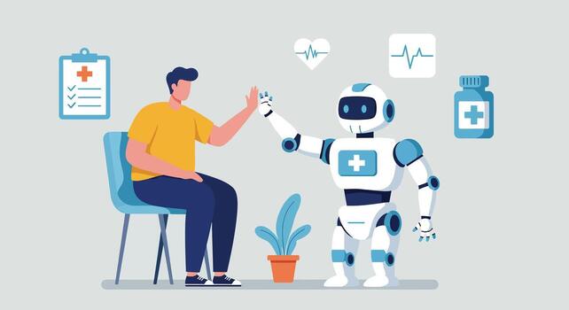 Human and Robot Collaborating in a Modern Healthcare Setting. vector