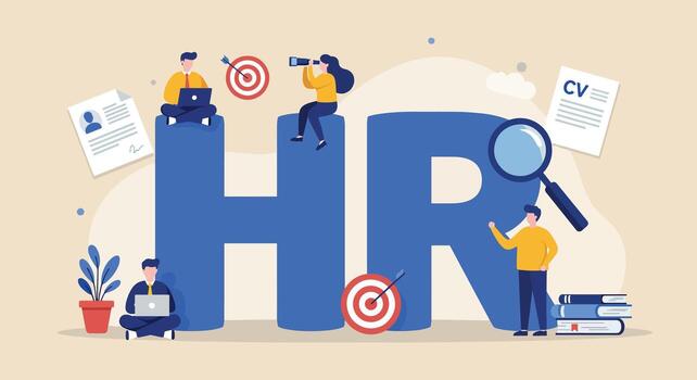 Human Resources Team Collaborating Around Giant HR Letters with Recruitment Elements. vector