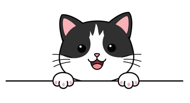 Adorable Tuxedo Cat Peeking Over a Line with Happy Expression. vector