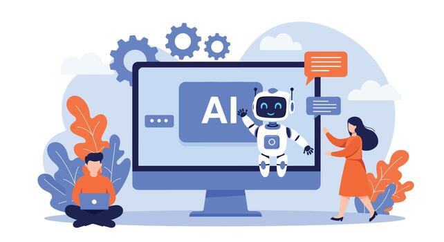 artificial inteligencia robot interactuando con personas y tecnología. vector