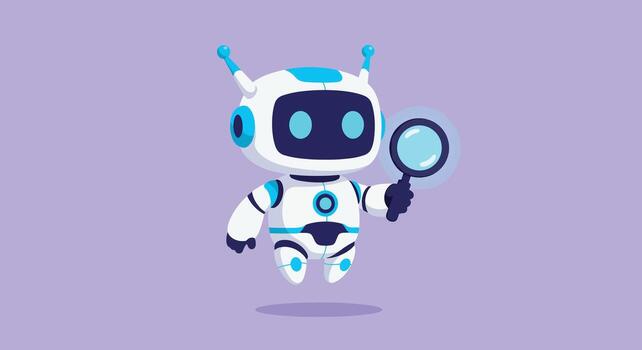 Cute cartoon robot holding a magnifying glass, exploring and searching. vector