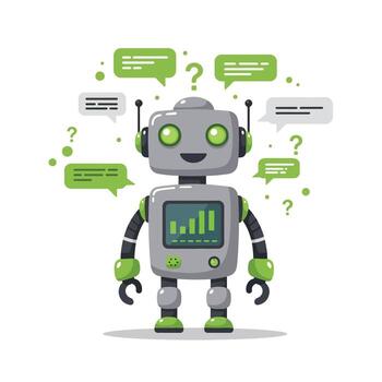 Friendly cartoon robot with speech bubbles and data visualization on chest. vector