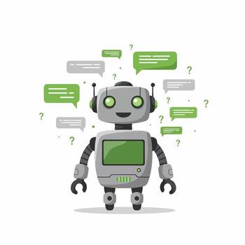 Friendly cartoon robot with speech bubbles and question marks. vector