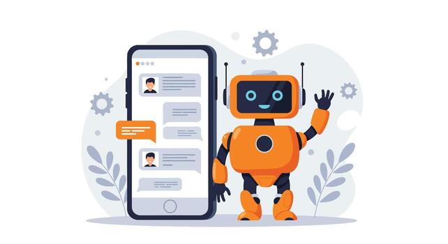 Friendly Orange Robot and Smartphone with Chat Interface. vector