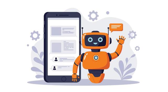Friendly Orange Robot Assistant Next to Smartphone Displaying Chat Interface. vector