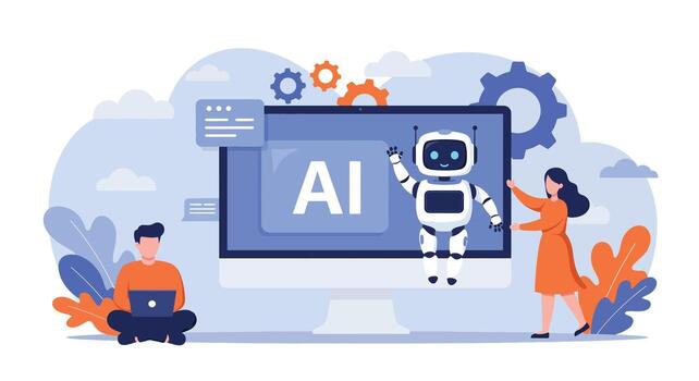 futurista ai robot interactuando con personas y tecnología. vector