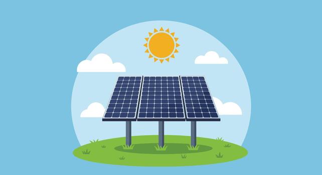 Solar Panel Array on Green Field with Sun and Clouds Illustration. vector