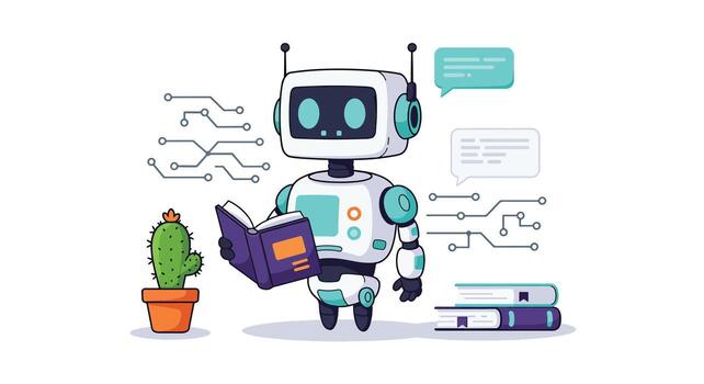 dibujos animados robot leyendo un libro con cactus y apilar de libros. vector