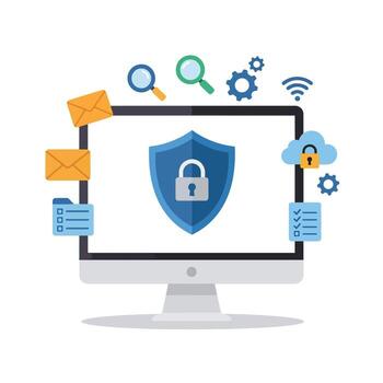 la seguridad cibernética y datos proteccion concepto con un computadora monitor mostrando un proteger y bloquear icono. vector