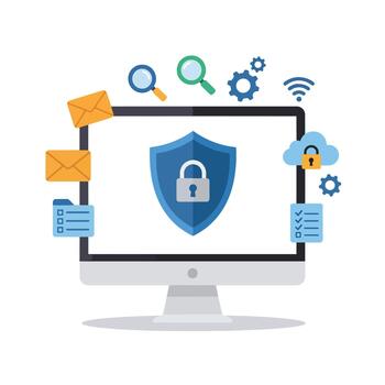 Cybersecurity and data protection concept with a computer monitor displaying a shield and lock icon. vector