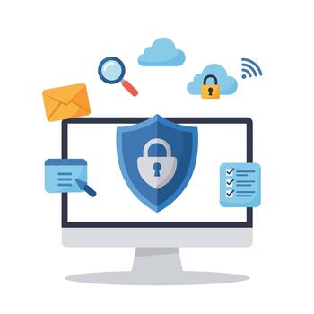 Digital Security Concept on Computer Monitor Screen with Padlock Shield. vector