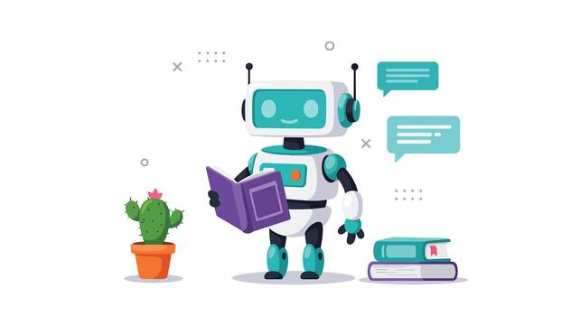 simpático dibujos animados robot leyendo un libro con charla burbujas vector