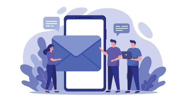 diverso grupo de personas interactuando con un grande correo electrónico icono en un teléfono inteligente pantalla. vector