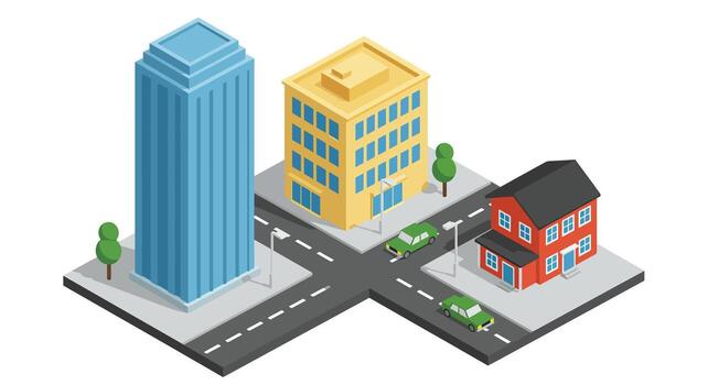 Isometric view of a modern city block with diverse buildings and vehicles. vector