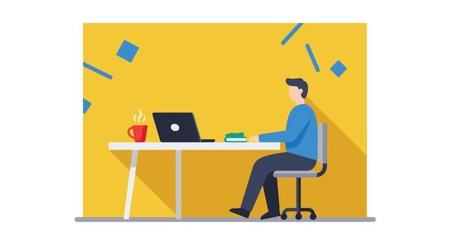 hombre trabajando en un ordenador portátil a un escritorio con un café taza y libros. vector