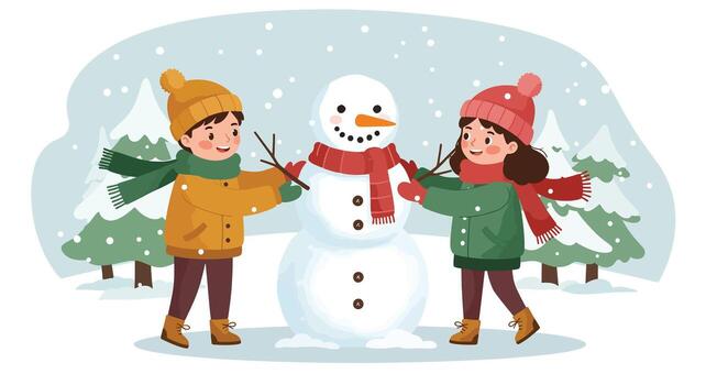 niños edificio un monigote de nieve en un Nevado invierno paisaje. vector