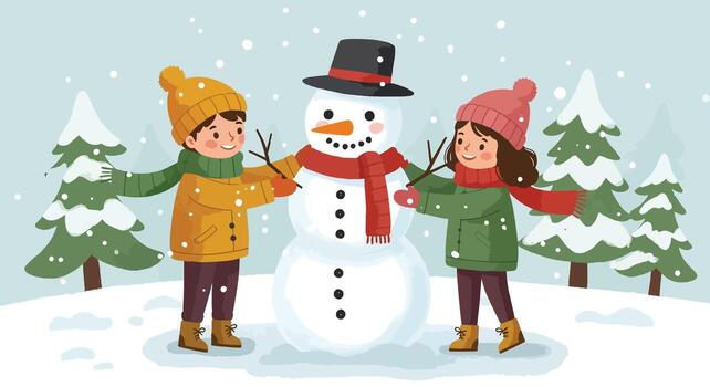 dos niños edificio un monigote de nieve en un Nevado invierno paisaje. vector