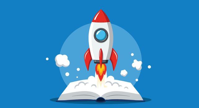 Cartoon Rocket Launching from Open Book Symbolizing Knowledge and Imagination. vector