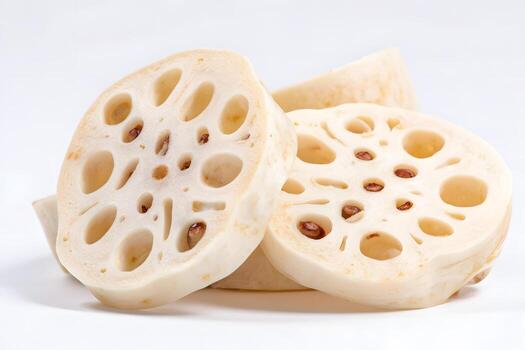 Sliced lotus root sections are displayed in a simple arrangement. photo