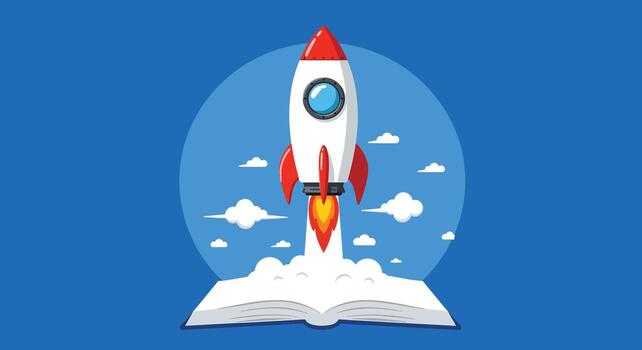 Rocket Launching from Open Book Symbolizing Knowledge and Exploration. vector