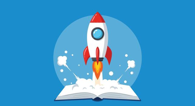 Rocket Launching from Open Book, Symbolizing Knowledge and Innovation. vector