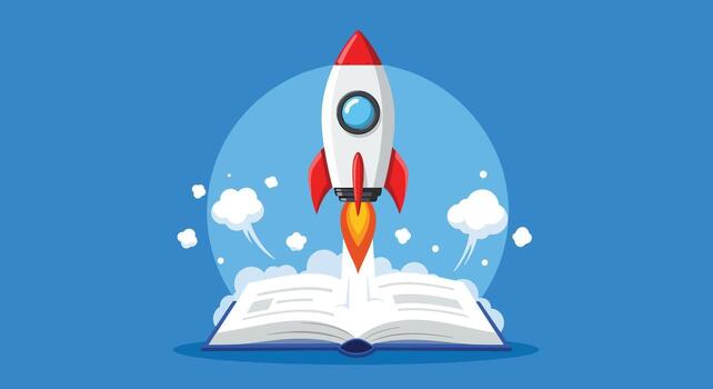 Rocket Launching from Open Book Symbolizing Knowledge and Innovation. vector