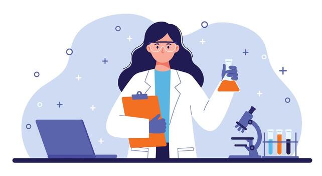 hembra científico en laboratorio Saco participación matraz con microscopio y ordenador portátil. vector