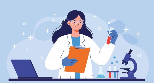 Female scientist in lab coat holding test tube with red liquid working with microscope and laptop. vector