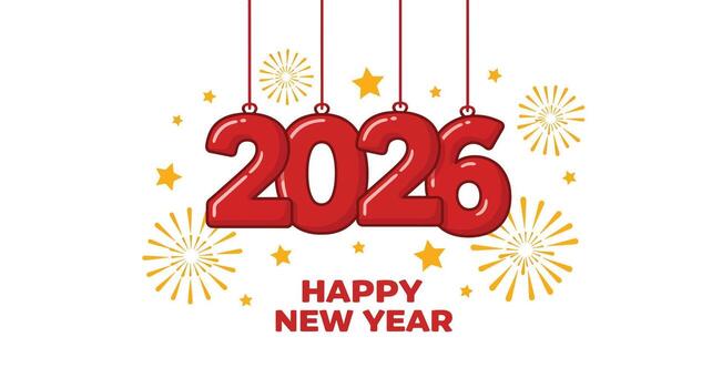 festivo rojo 2026 globos con contento nuevo año mensaje y fuegos artificiales. vector