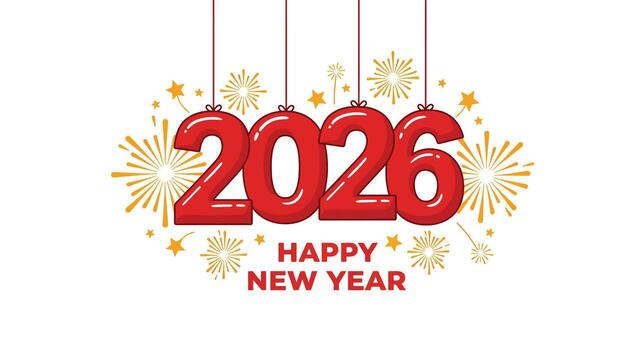 Festive Red Balloons Displaying 2026 with Fireworks and Happy New Year. vector