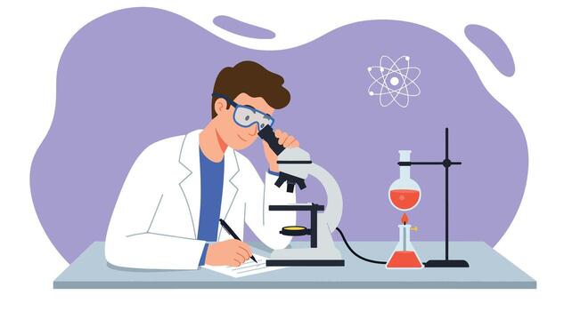 Scientist in Lab Coat Examining Specimen Under Microscope, Taking Notes. vector