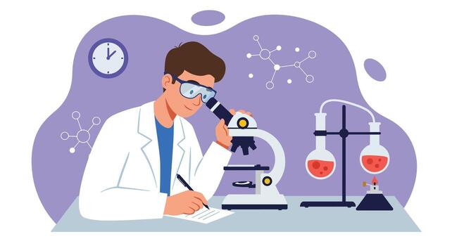 científico en laboratorio Saco examinando muestra debajo microscopio con matraces vector