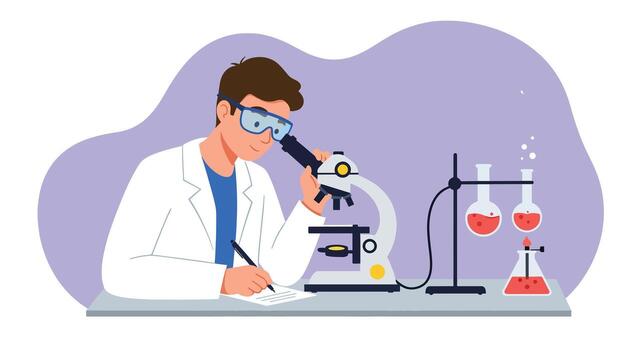Scientist in lab coat examining specimen under microscope taking notes. vector