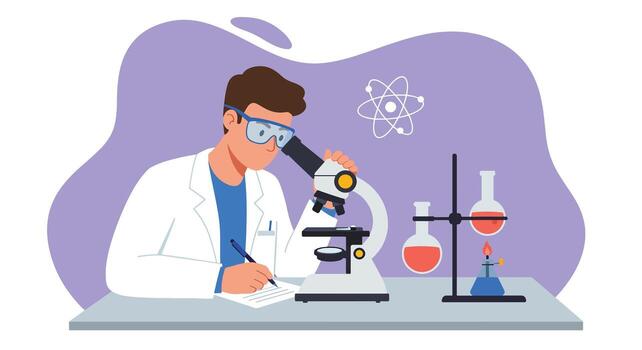 Scientist in Lab Coat Examining Specimen Under Microscope with Flasks. vector